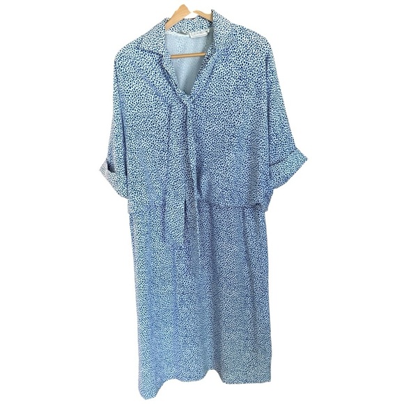 Vintage Liz Roberts Womens Blue White Polka Dot Tie Neck Dress Size 14 Retro 80s - Picture 2 of 11